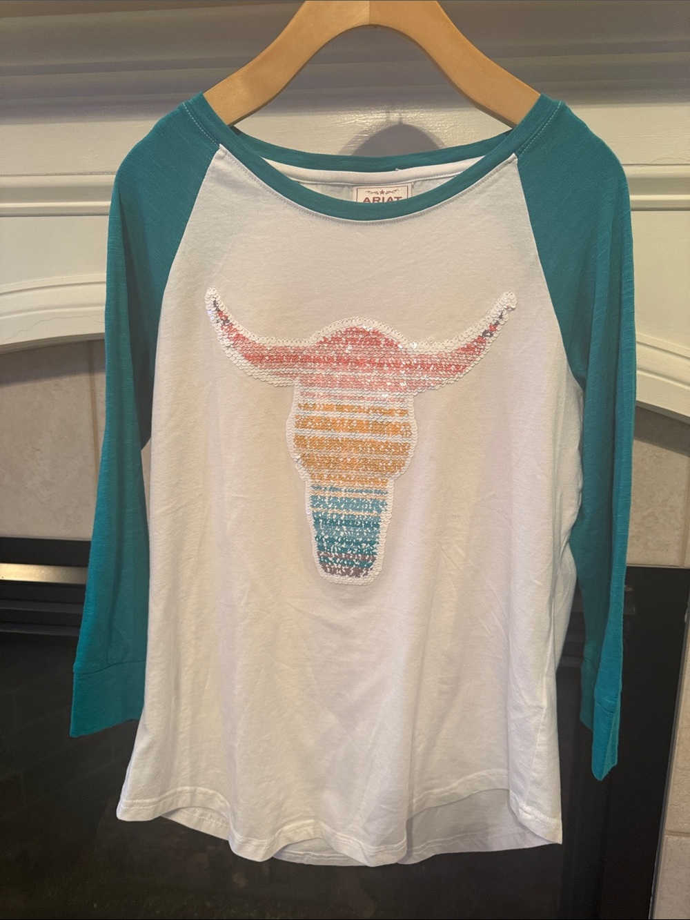 Ariat White & Teal Raglan Long Sleeve Tee with Flip Sequin Bull Skull
